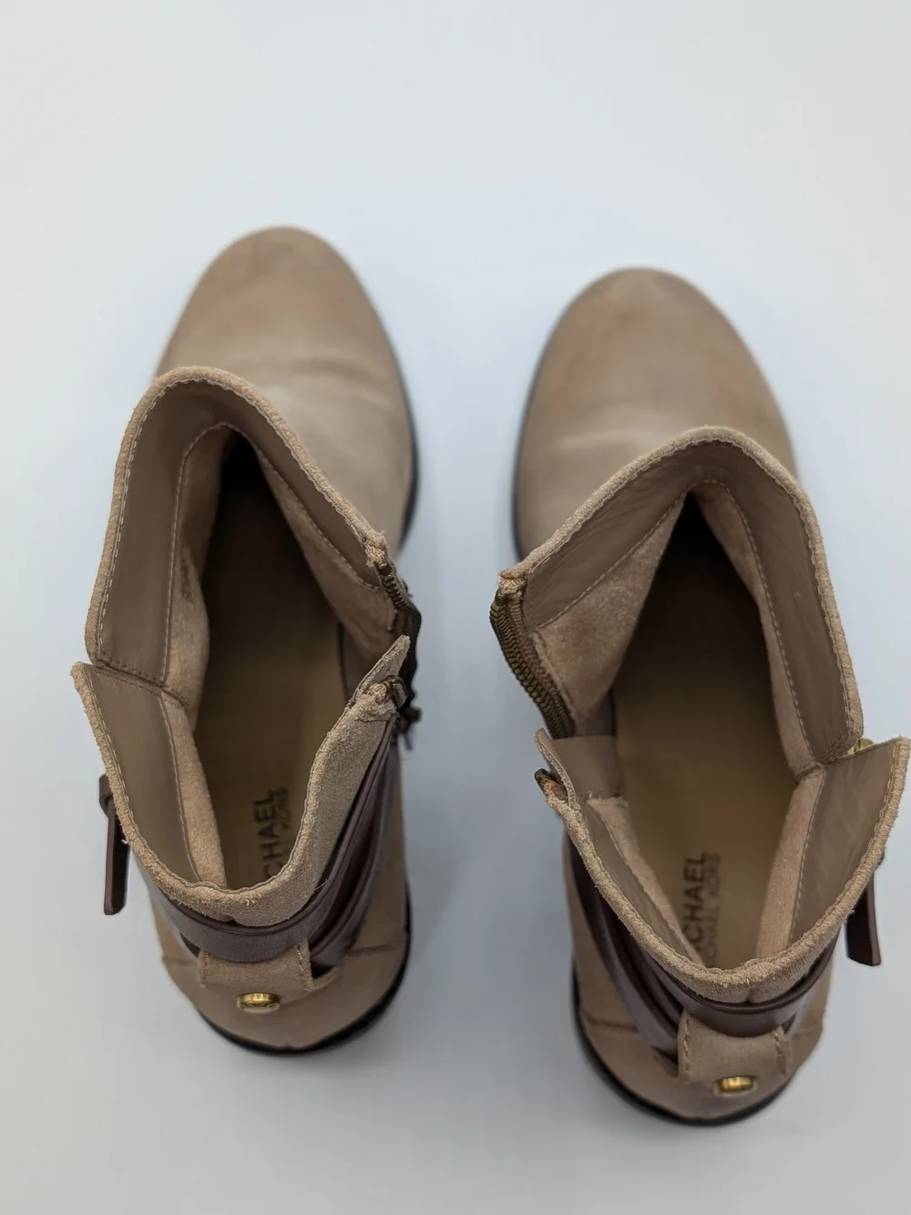 Michael Kors Women 8 Taupe Suede Ankle Boots Brown Leather Straps Block Heel